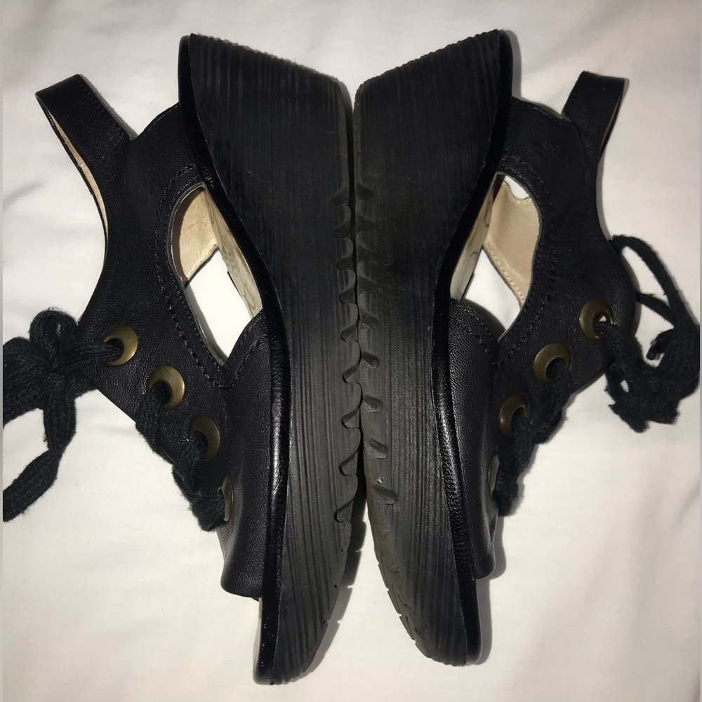 Fly London Yuta Black Lace Up Peep Toe Wedge Heel Sandals - Picture 3 of 8